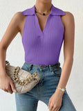 Summer V - Neck Ribbed Knit Crop Top - Sleeveless Turndown Collar in 10 Colors - aura - fashionSummer V - Neck Ribbed Knit Crop Top - Sleeveless Turndown Collar in 10 Colors7B63A4Mijn winkelaura - fashion